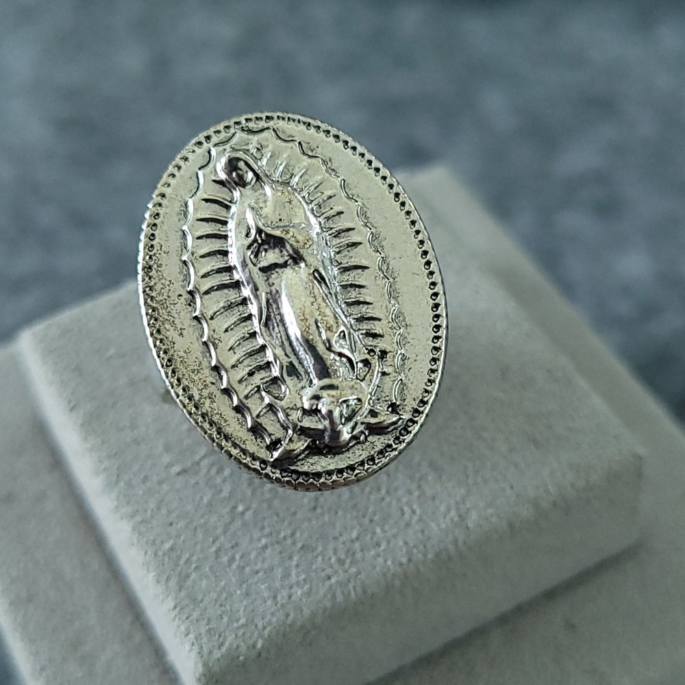 Virgin Mary Guadalupe Silver Tone Statement Ring Size 7.5